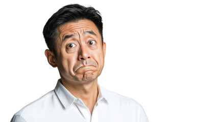 Fototapeta premium Confused asian business man making funny face with transparent background