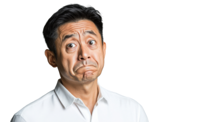 Confused asian business man making funny face with transparent background