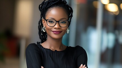 Self-confident and successful African female business woman, looking at the camera, posing in a modern Office space. Professional Portrait for Human Resources, Recruiting, Manager and Management, Lawy