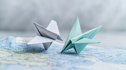Obraz premium Two Origami Paper Airplanes On Map Background