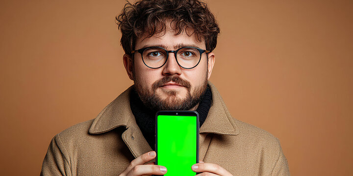 Man with glasses and serious face holding mobile phone with green screen, plain beige background, Generated with AI. - Powered by Adobe
