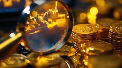 Magnifying glass over financial stock market chart on screen, stacks of gold coins beside laptop, investment analysis and economic growth concept, blurred background for depth effect.
