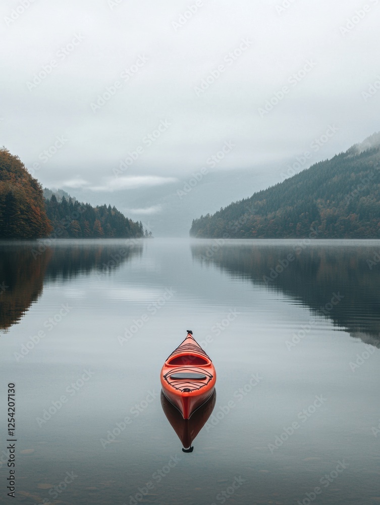 Poster lone kayak on calm water reflecting lush mountains and overcast skies in a serene landscape setting.