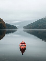 Lone kayak on calm water reflecting lush mountains and overcast skies in a serene landscape setting. Generative AI