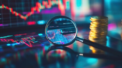 Magnifying glass over financial stock market chart on screen, stacks of gold coins beside laptop, investment analysis and economic growth concept, blurred background for depth effect. 