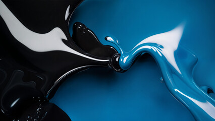 Close-up of streams of black and blue paint consisting of curved jets that bend in the air and strive towards each other, rich colors and expressive highlights