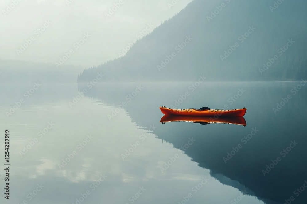Aufkleber lone kayak floats peacefully on a still mountain lake surrounded by misty mountains at dawn. generat