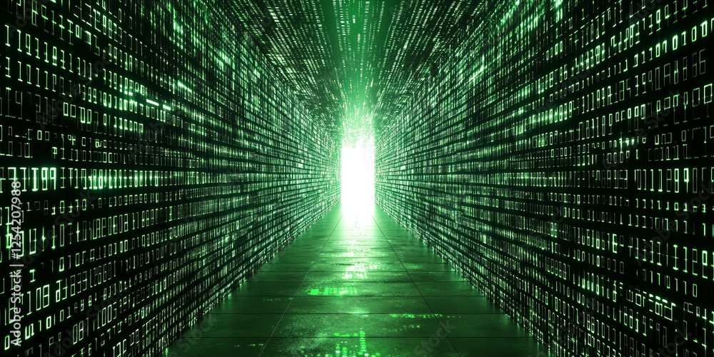 Poster digital corridor data stream, bright exit, cyber future