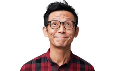 Smiling asian man with glasses on transparent background
