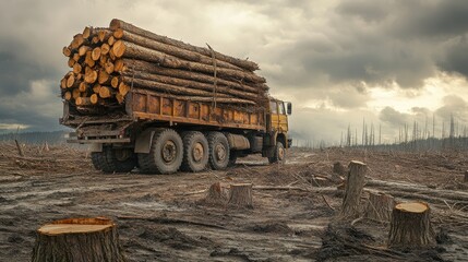 Fototapeta premium A large truck loaded with felled trees at the edge of a deforested area.