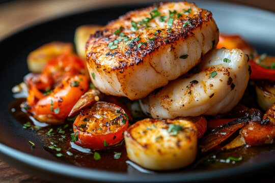 Plate of scato with shrimp, tomatoes, and herbs on marble table. Vibrant colors, fresh ingredients, appetizing presentation.