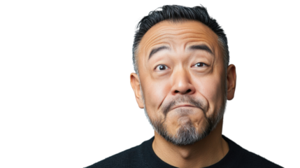 Confused asian man making grimace on transparent background
