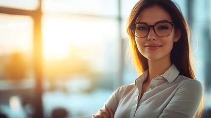 Self-confident and successful female business woman, looking at the camera, posing in a modern Office space. Professional Portrait for Human Resources, Recruiting, Manager and Management, Lawyer or Co