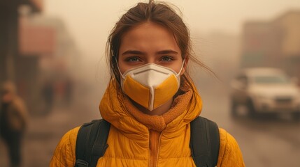 Young woman wearing a protective face mask in smog.