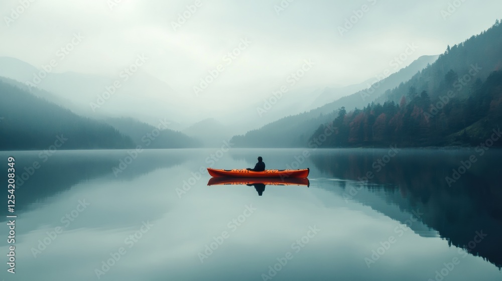 Poster lone kayak floats on serene mountain lake surrounded by misty hills during quiet morning hours. gene