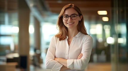 Self-confident and successful female business woman, looking at the camera, posing in a modern Office space. Professional Portrait for Human Resources, Recruiting, Manager and Management, Lawyer or Co