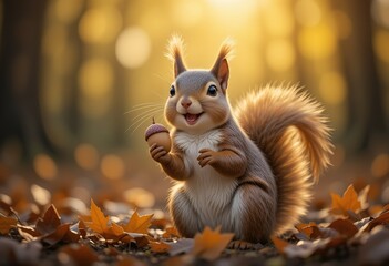 Happy Squirrel Holding An Acorn In Autumn Woods
