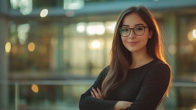 Self-confident and successful female business woman, looking at the camera, posing in a modern Office space. Professional Portrait for Human Resources, Recruiting, Manager and Management, Lawyer or Co