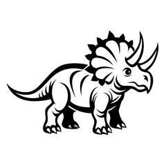 Fototapeta premium Black and white illustration of a triceratops dinosaur with horns and frill.