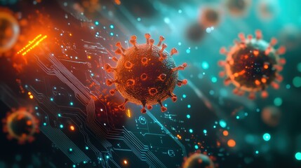 Fototapeta premium Microscopic view of virus cells merging with circuit board elements, futuristic AI-powered virus concept, glowing lights and digital interface, isolated with copy space for sci-fi technology impact. 