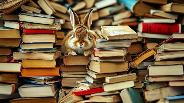 Rabbit peeking from a stack of old books in a cozy reading nook filled with literary treasures