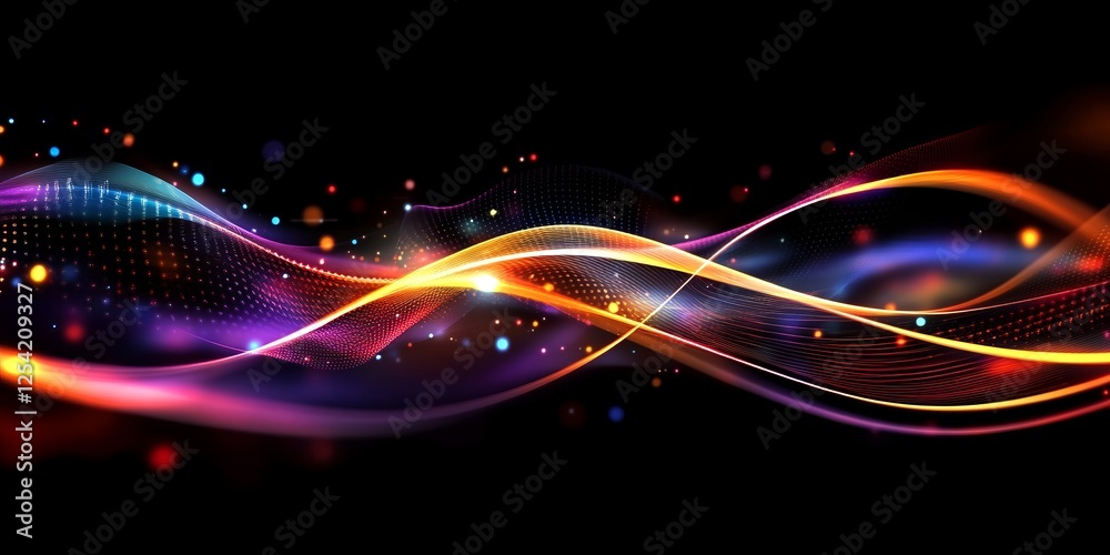Poster abstract colorful waves flow on black, glowing particles background