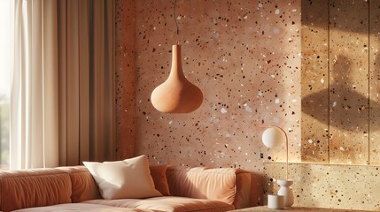 Clay lamp hanging on terrazzo wall, modern living room, peach and brown palette, close-up view, 3D rendering.