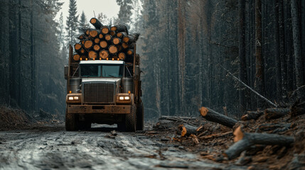 Fototapeta premium A large truck loaded with felled trees at the edge of a deforested area.