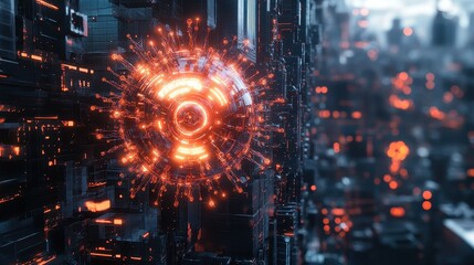 Obraz premium Microscopic view of virus, futuristic AI-powered virus concept, glowing lights and digital interface, isolated with copy space for sci-fi technology impact, on cityscape background.