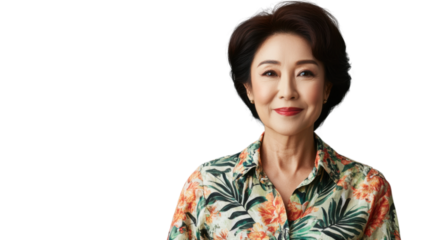 Smiling senior woman with short hair posing on transparent background