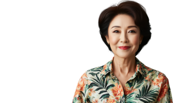 Smiling senior woman with short hair posing on transparent background