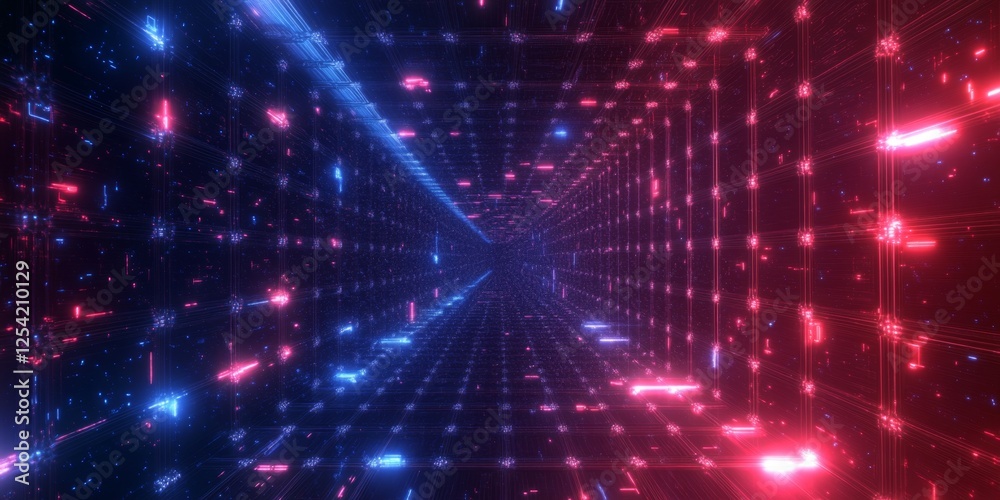 Poster Neon Grid Tunnel Digital Data Stream, Futuristic Background