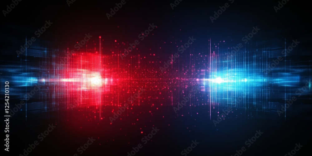 Poster red blue digital data stream, glowing particles, tech background, website header