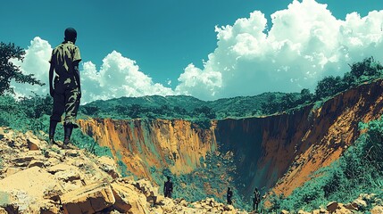 Obraz premium Stark contrast between African natural landscapes and colonial exploitation with native populations working in mines and on plantations overseen by colonizers