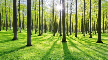 Fototapeta premium Sunny forest with lush green grass. Daylight. Wide shot. Possible use as nature backdrop