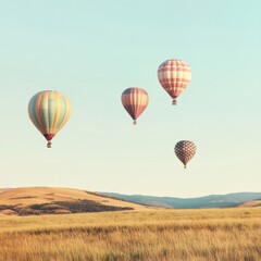 Fototapeta premium Hot air balloons gracefully drifting over a beautiful golden field at sunrise. Generative AI