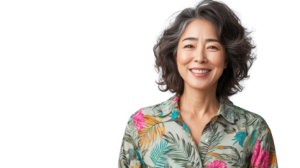 Smiling senior asian woman with transparent background expressing happiness