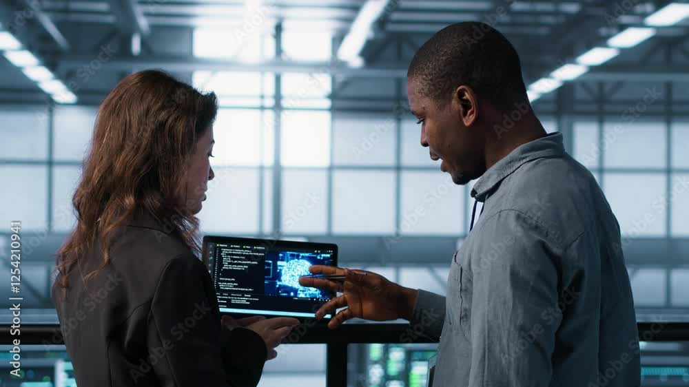 Poster software developers in data center use ai technology on tablet to optimize storage volumes. it speci