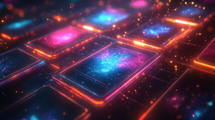 A vibrant digital landscape featuring glowing panels with cosmic imagery and particles.
