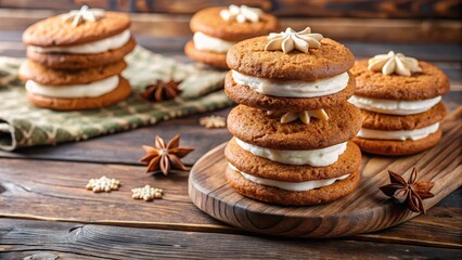 Gingerbread cookie sandwiches with creamy buttercream filling on a rustic wooden table