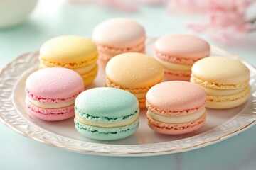 Obraz premium Set of french macarons. The multi colored macarons on a plate on a light pastel background, such as a soft blush pink or pale mint green.