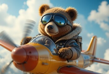 A Bear Pilot Soaring In A Small Airplane