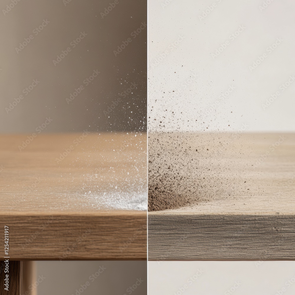 Poster before and after comparison of dusty versus clean furniture surface showcasing cleaning effectivenes