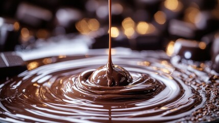 Melted chocolate pouring, swirling on dark background