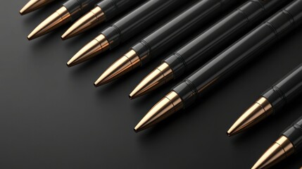 Military ammunition, black casings, copper tips, on dark surface. Stock photo