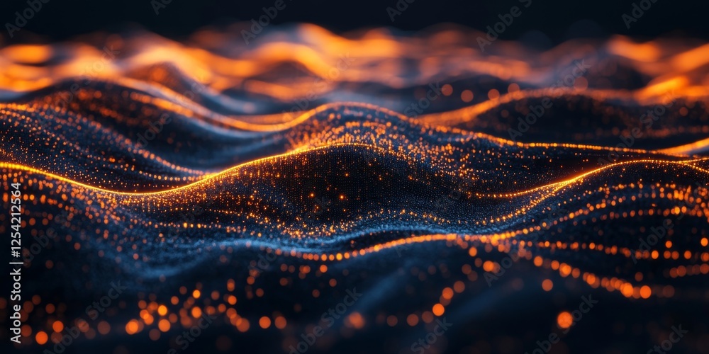 Poster abstract glowing particle waves, dark background, digital art, tech concept