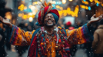 Street performer dancing in vibrant traditional clothing captivating an audience in a busy urban area with colorful lights and festive decorations