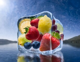 Assorted fruits, including strawberries, lemon, grapes, and blueberries, frozen inside a block of ice, floating on blue water.