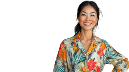 Smiling asian woman wearing colorful shirt posing on transparent background