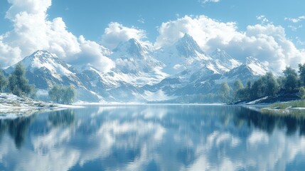 Fototapeta premium A serene mountain landscape with snow-capped peaks reflecting in a calm lake.